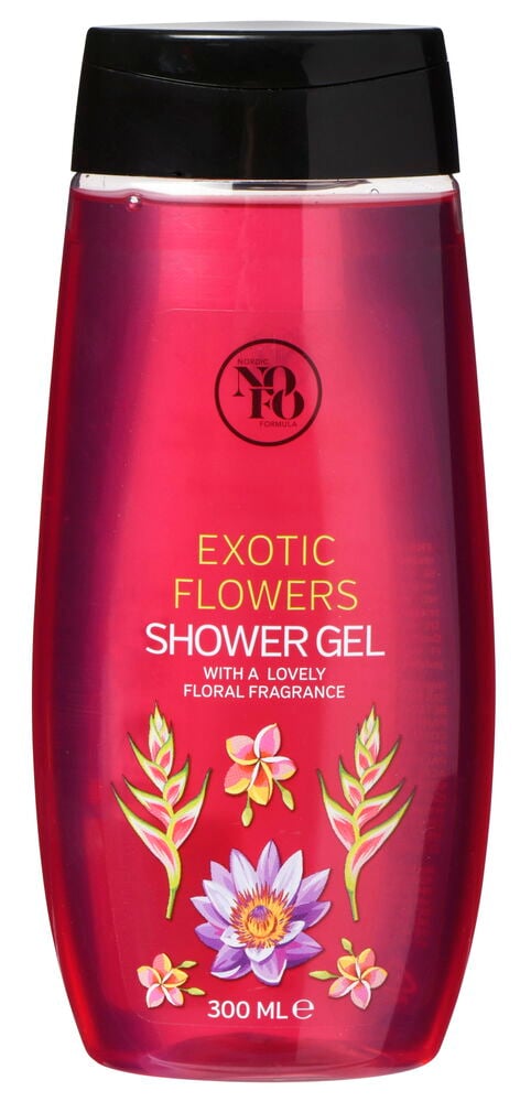 Röd duschgel flaska med svart lock och blommor.