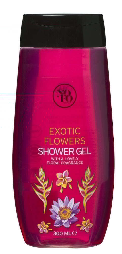 Röd flaska duschgel med blommotiv och svart lock.