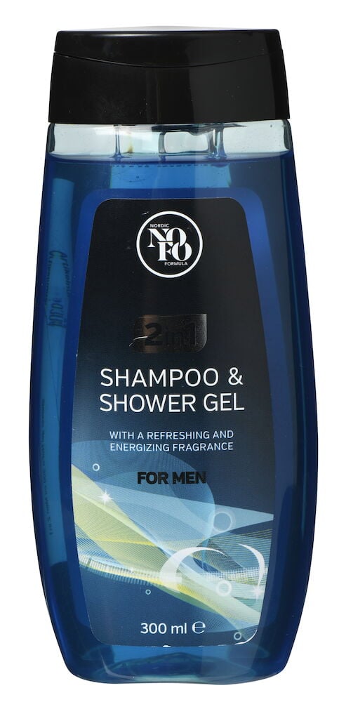 Sininen suihkugeeli miehille mustalla korkilla.