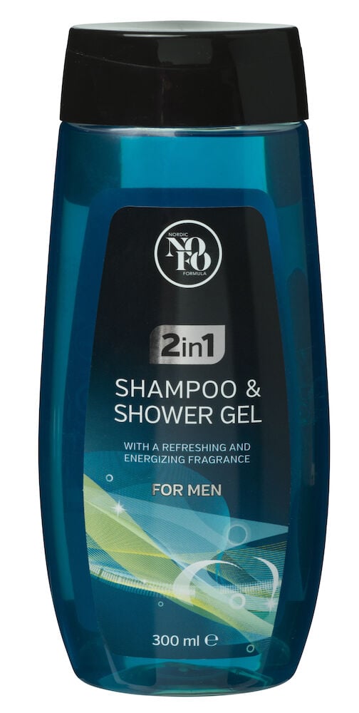 Blå flaska duschgel och schampo för män.