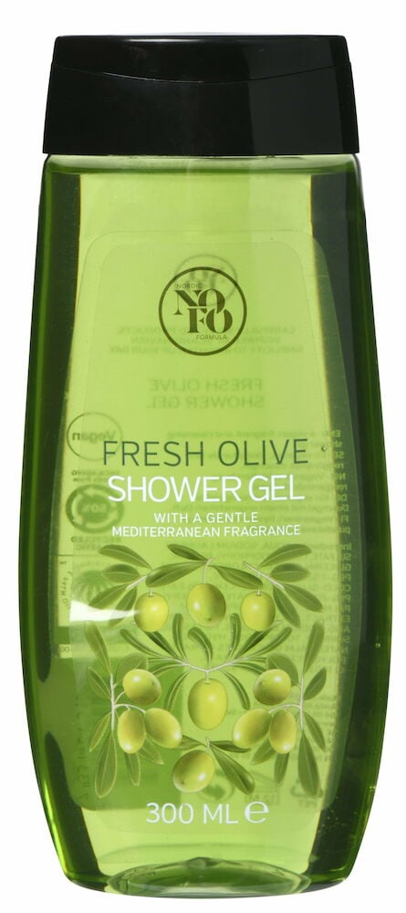 Grön duschgel i plastflaska med svart lock.