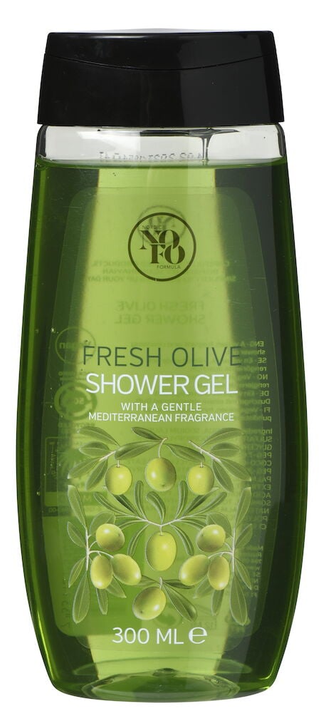 Grön duschgelflaska med svart lock och olivmotiv.