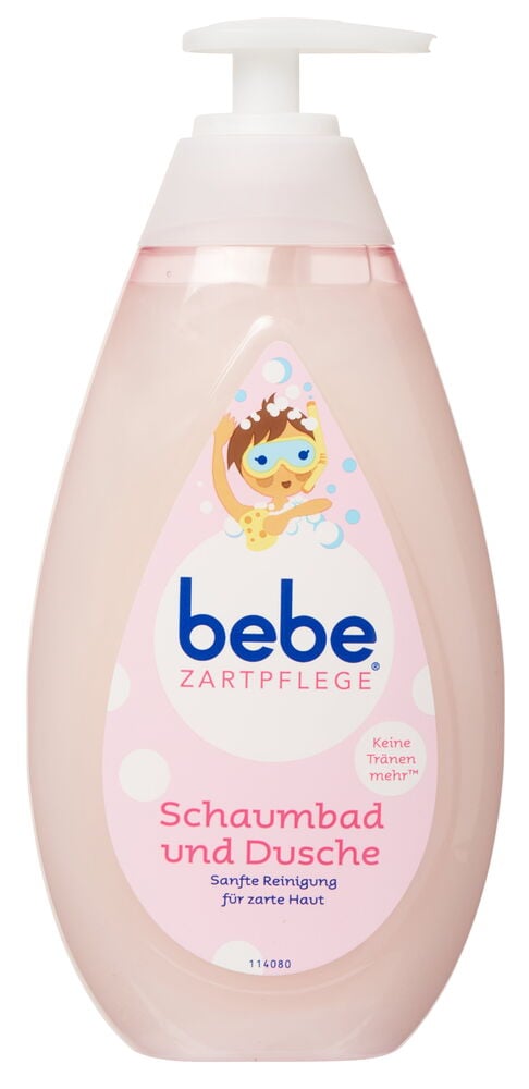 Duschgel bebe 500 ml in einer rosa Pumpflasche mit schnorchelndem Kind als Illustration auf dem Etikett.