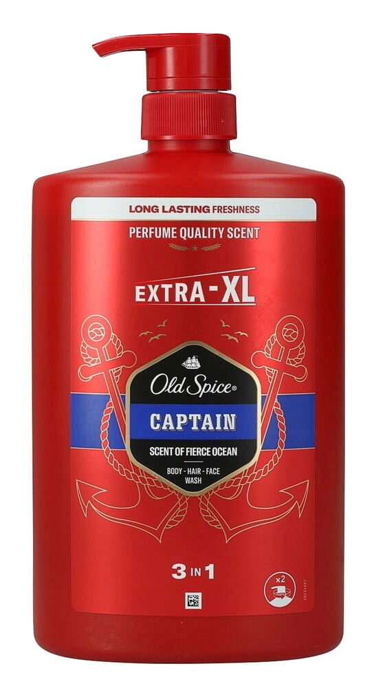 Rote Old Spice Captain 1000 ml 3-in-1 Duschgel & Shampoo Flasche mit Pumpspender, Vorderansicht.