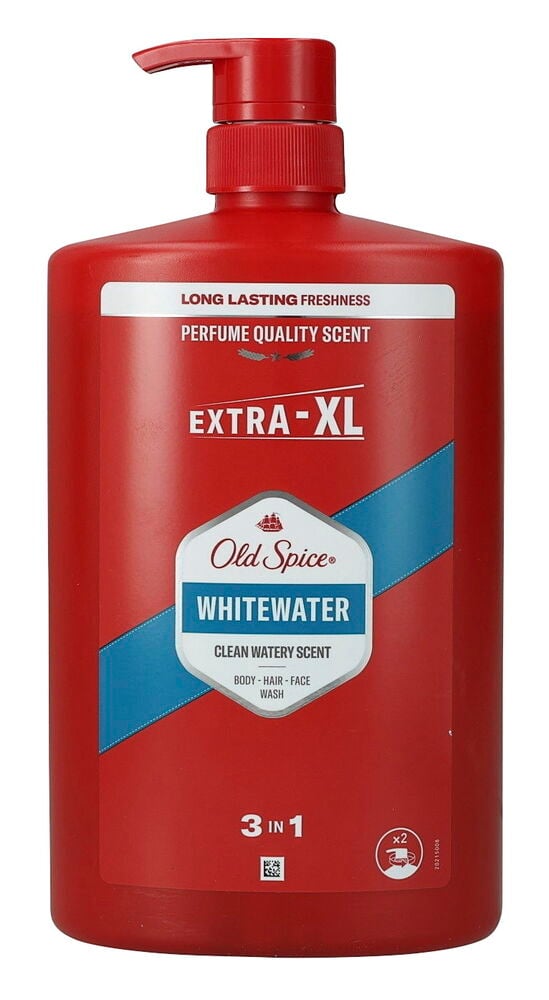 Rote 1000 ml Old Spice Whitewater Duschgel & Shampoo Pumpflasche mit blauem Band und weißem Etikett.