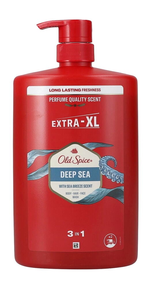 Große rote Old Spice Deep Sea 3-in-1 Duschgel & Shampoo Flasche mit Pumpspender, 1000 ml.