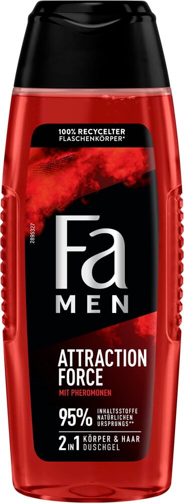 Fa Men Attraction Force Duschgel in einer roten Flasche mit schwarzem Verschluss und schwarzem Etikett.