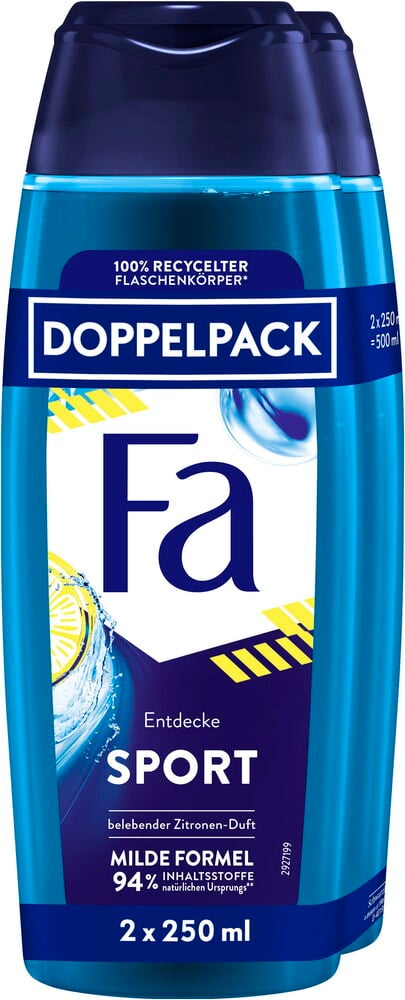 Duschgel Fa Men Sport Doppelpack, 2x250 ml, in blauen Flaschen mit dunkelblauen Verschlüssen und Zitronengrafik.