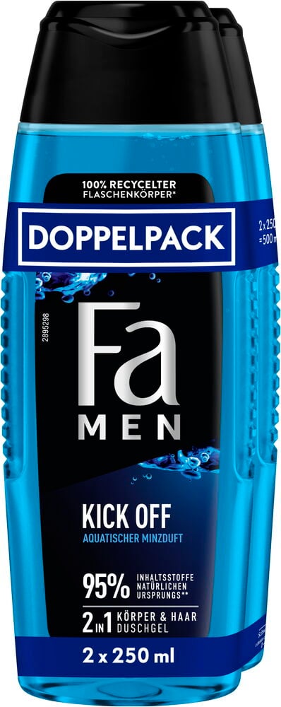 Fa Men Kick Off Duschgel Doppelpack, 2x250 ml, in blauen und schwarzen Flaschen.