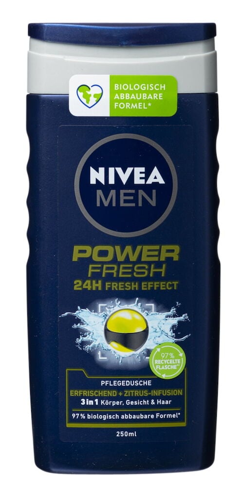 Eine dunkelblaue Duschgel Nivea Men 250 ml Power Flasche mit weißem und blauem Deckel.
