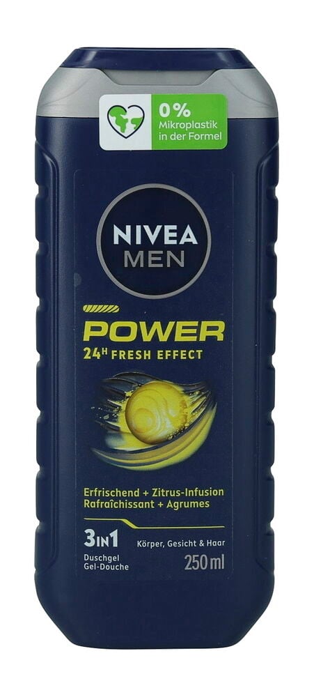 Dunkelblaue Duschgel Nivea Men Power 250 ml mit grauem Deckel und gelber Schrift, Vorderansicht.