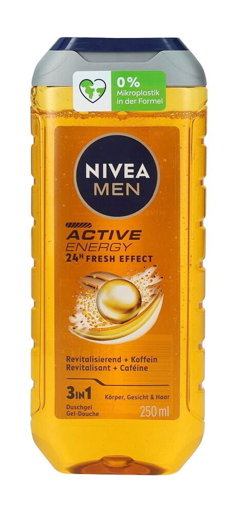 Eine orange Nivea Men Active Energy 250 ml Duschgelflasche mit grauem und blauem Deckel.