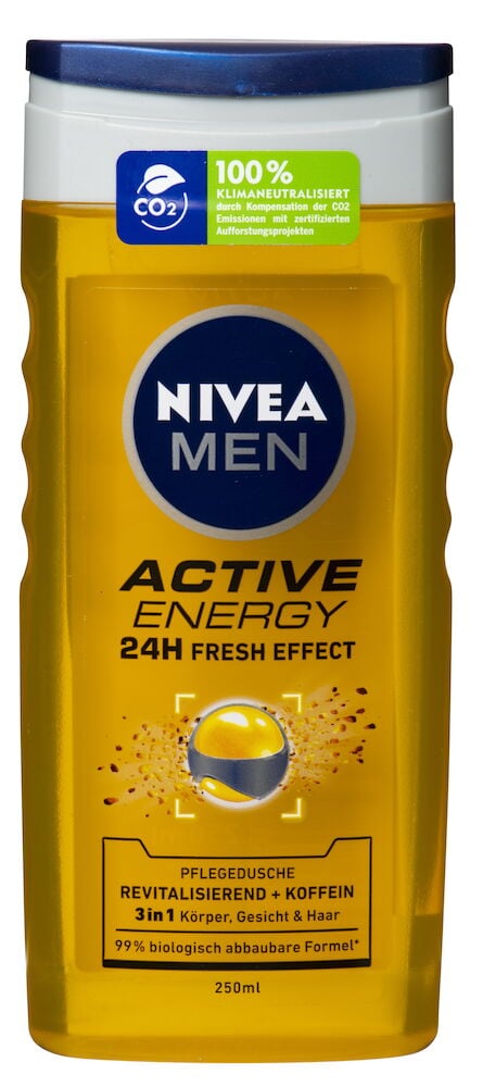 Eine gelbe transparente Nivea Men Active Energy Duschgel in einer 250 ml Flasche mit dunkelblauem Verschluss.