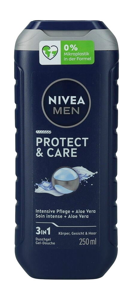 Dunkelblaues Nivea Men Protect & Care 3in1 Duschgel, 250 ml, mit grauem Verschluss, Vorderansicht.