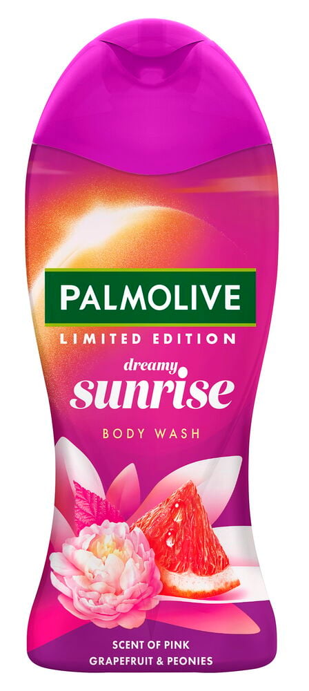 Rosa Palmolive Dreamy Sunrise duschkrämflaska med illustration av rosa grapefrukt och pioner.