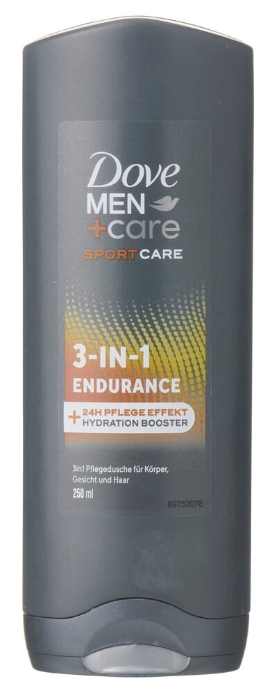 Shampoo & Duschgel Dove 250 ml Men+Care Sport Endurance, eine dunkelgraue 3-in-1 Flasche, Vorderansicht.