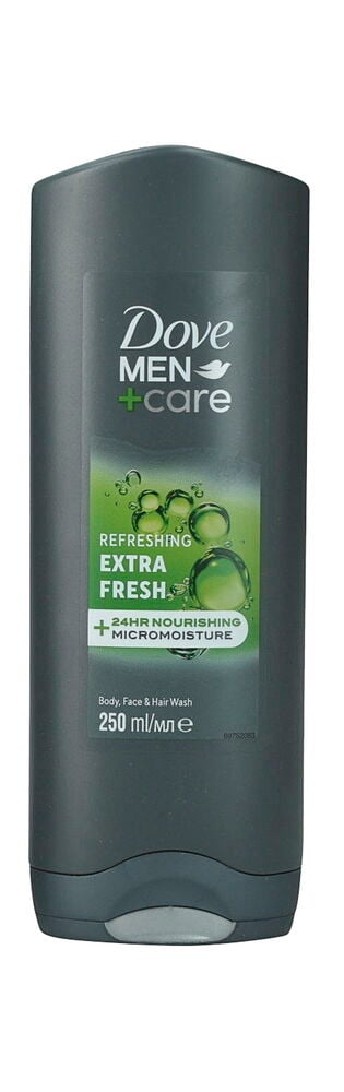 Eine dunkelgraue Dove Men+Care Refreshing Extra Fresh 250 ml Flasche für Körper, Gesicht und Haarwäsche.