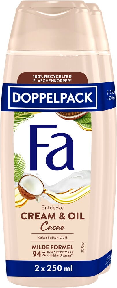 Fa Cream & Oil Cacao 2x250ml Duschcreme Doppelpack mit beigen Flaschen und blauen Etiketten.
