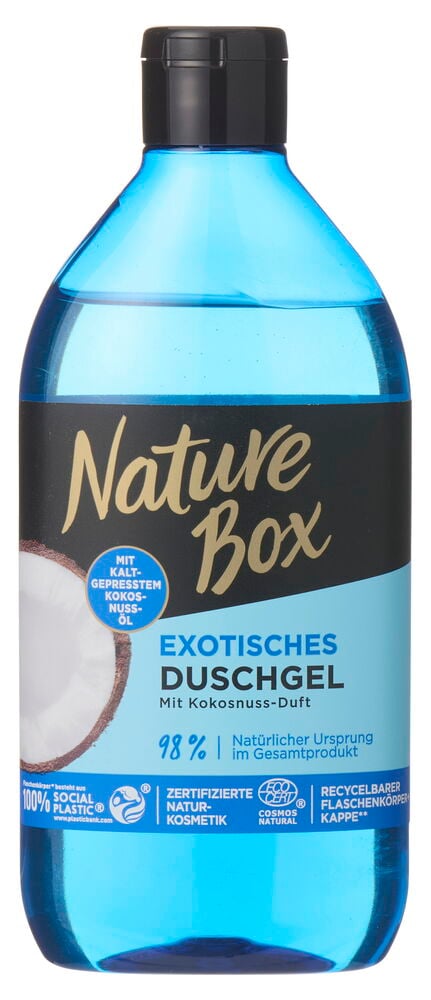 Blaue transparente Flasche Duschgel Nature Box mit schwarzem Klappverschluss und Kokosnuss-Etikett.