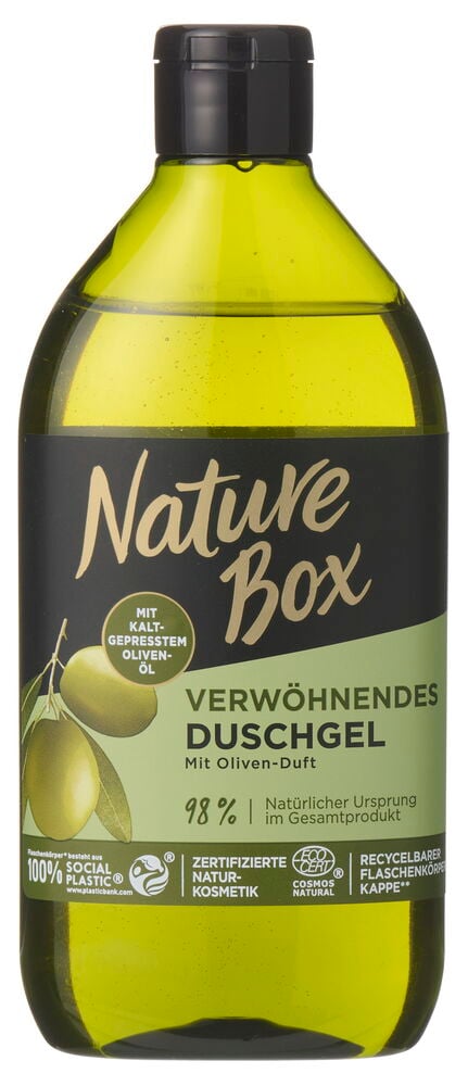 Duschgel Nature Box 385 ml Oliven, eine hellgrüne Flasche mit schwarzem Verschluss und Olivenmotiv-Etikett.