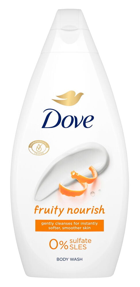Weiße Duschcreme Dove 450 ml Fruity Nourish Flasche mit Creme, Orangenschale und Textetikett.