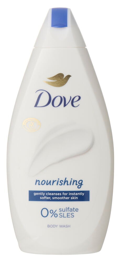 Weiße Dove 450ml Nourishing Duschcreme Flasche mit blauem Klappverschluss, Vorderansicht.