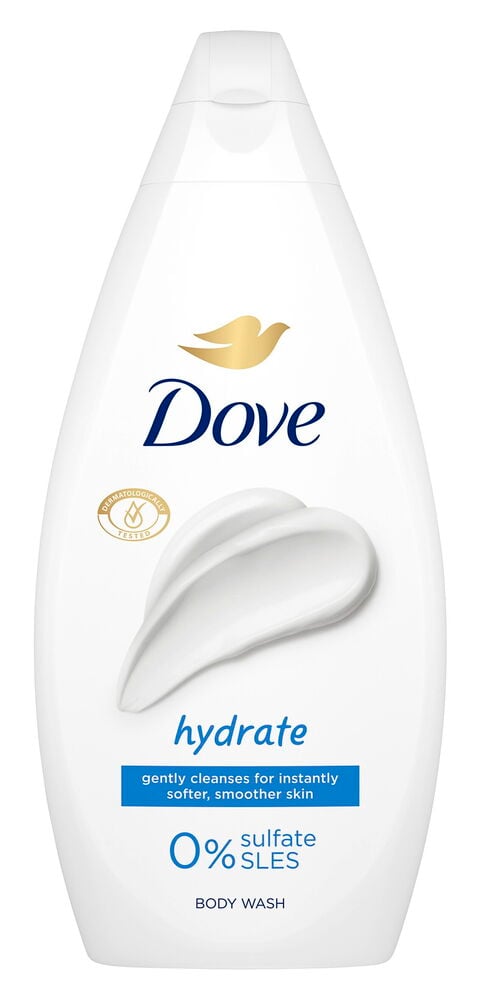 Weiße Dove 450 ml Hydrate Duschcremeflasche mit weißem Cremeswirl und Goldsiegel.