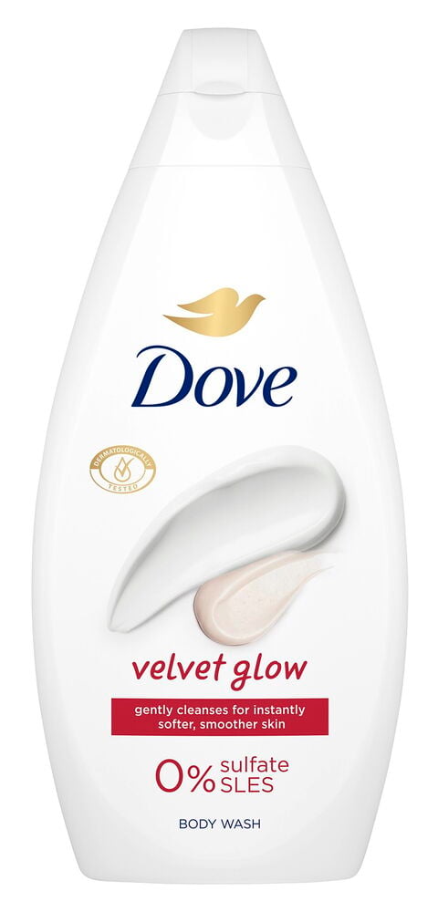 Weiße Dove Velvet Glow Duschcreme-Flasche mit weißem Klappverschluss und weißen und beigen Cremeproben.