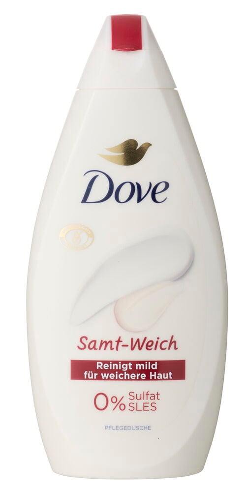 Duschcreme Dove 450 ml Samt-Weich, weiße Flasche mit rotem Verschluss, goldenem Logo und Cremewirbeln.
