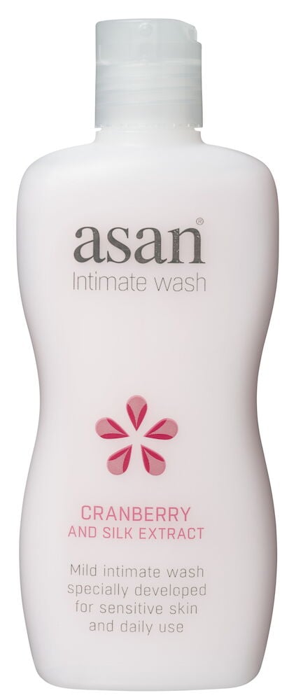 Vit plastflaska med asan intimtvål och röd dekor.