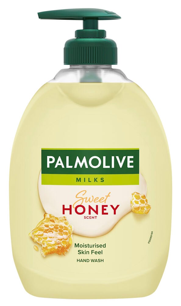 Gul tvålpump med Palmolive etikett och honungskakor.