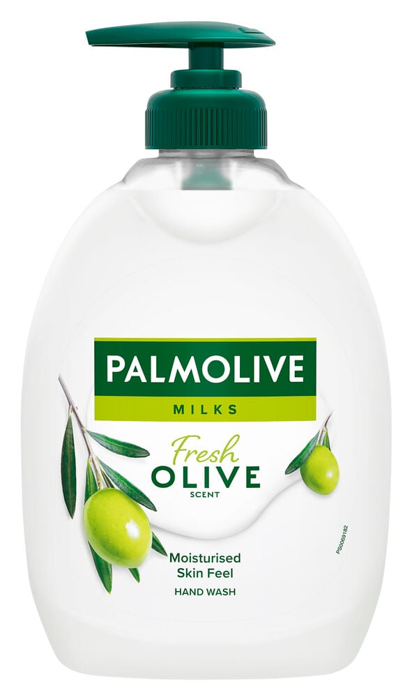 Vit pumpflaska Palmolive tvål med olivmotiv.