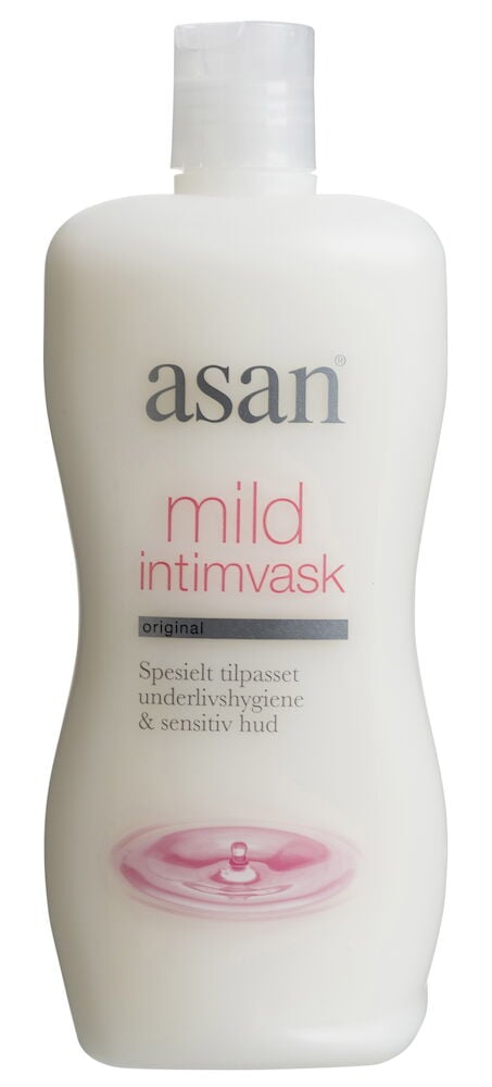 Hvit plastflaske Asan mild flytende intimsåpe.
