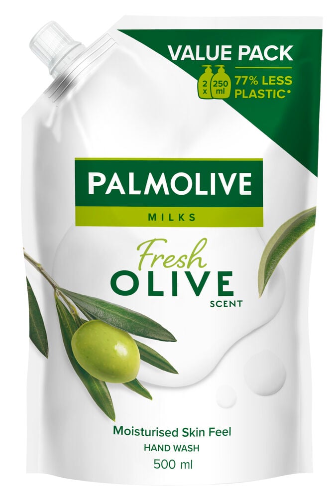 Vit refillpåse med olivmotiv och grön Palmolive logotyp.