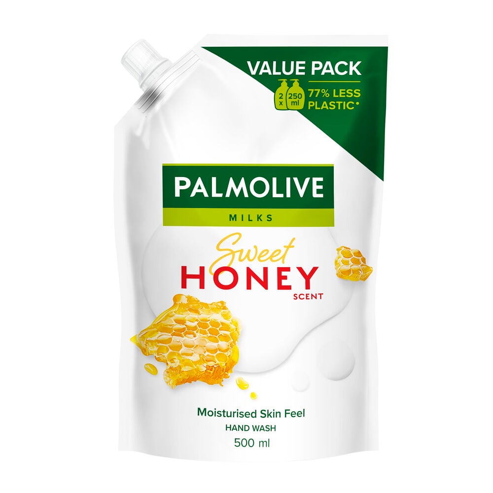 Vit Palmolive refillpåse med honungskaka och grön etikett.