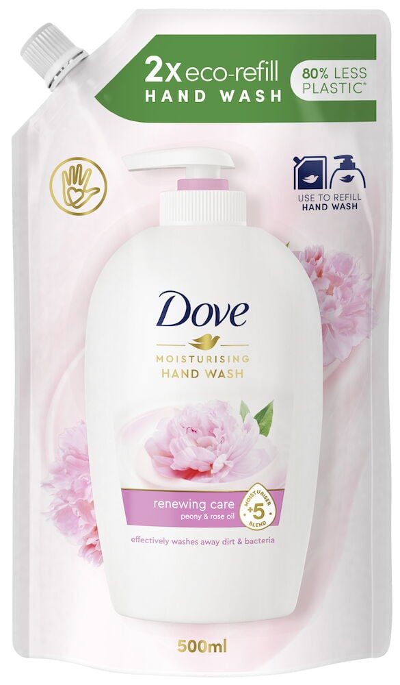 Dove flytende håndsåpe refill med rosa blomster.