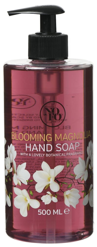 Vaaleanpunainen pumppupullo nestemäisellä käsisaippualla ja kukkakuvioilla.