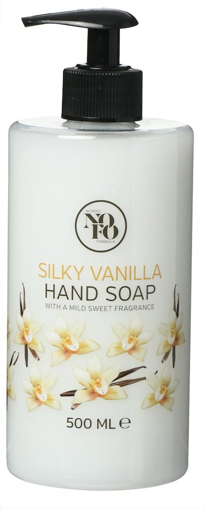 Valkoinen muovipullo, jossa on pumppu ja vaniljakukkia.