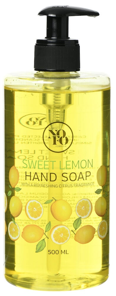 Eine durchsichtige Flasche mit gelber flüssiger Handseife.