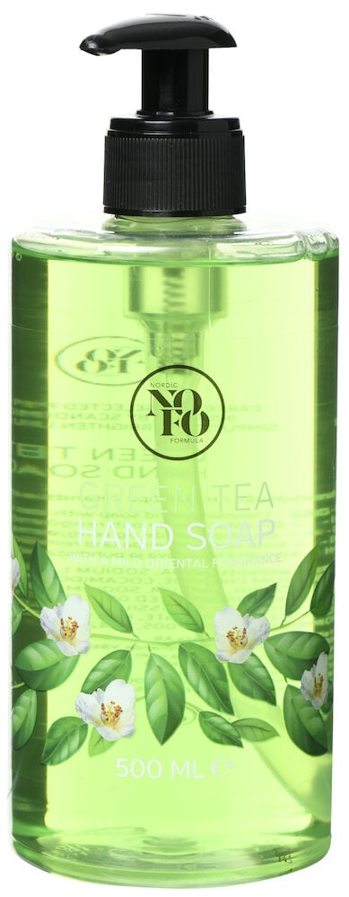 Grüne Handseifenflasche mit Pumpe und Blumenmotiv.