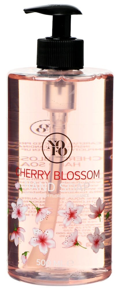 Durchsichtiger Seifenspender mit rosa Flüssigkeit und Blumenmuster.