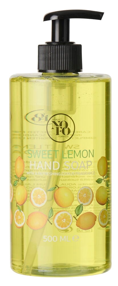 Klare Flasche NoFo 500 ml Spring Handseife mit schwarzem Spender und Zitronenabbildungen.