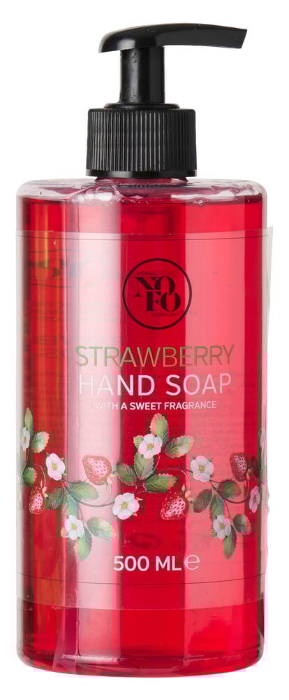 Rote Erdbeer-Handseife in einer transparenten Plastikflasche mit schwarzem Pumpspender, mit Erdbeerdesign und 500 ML Etikett.