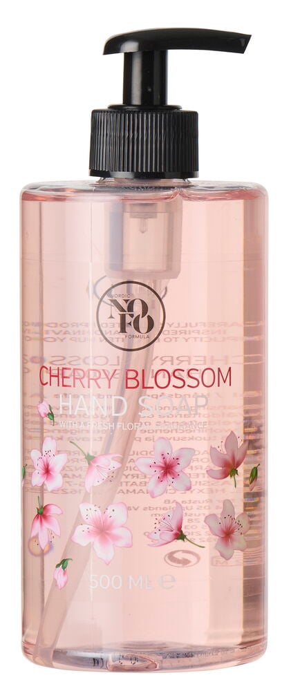 Pinke Kirschblüten Handseife NoFo 500 ml in einer klaren Flasche mit schwarzem Pump.