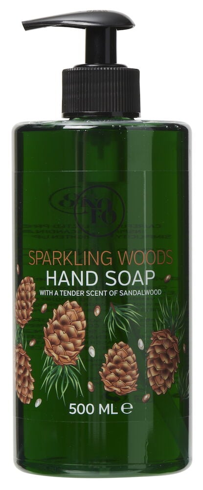 NoFo 500 ml Weihnachtshandseife in einer grünen Flasche mit schwarzem Pumpkopf und Tannenzapfenetikett.