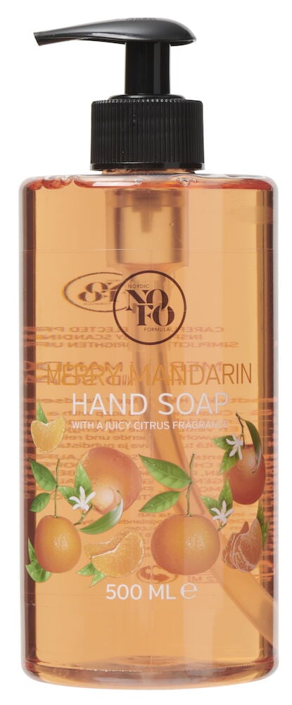 Orangefarbene Mandarinen-duftende Handseife NoFo 500 ml Weihnachten in klarer Flasche mit schwarzem Spender.