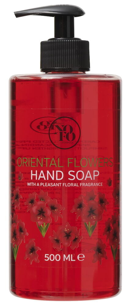 NoFo Oriental Flowers 500 ml Handseife in einer klaren roten Flasche mit schwarzem Spender.