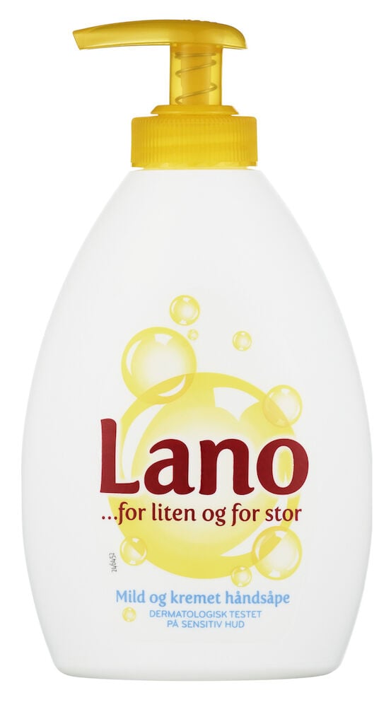 Hvit såpeflaske med gul pumpe og bobler.