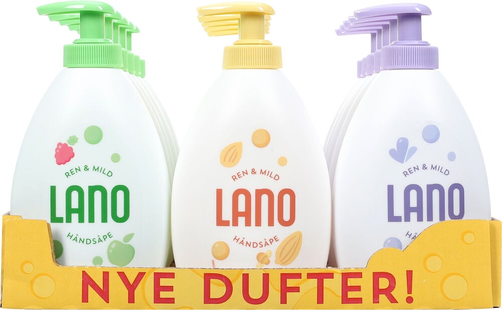 Tre pumpeflasker flytende såpe i forskjellige farger.