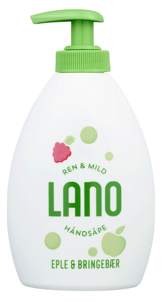 Hvit plastflaske med grønn pumpe og fruktmotiv.